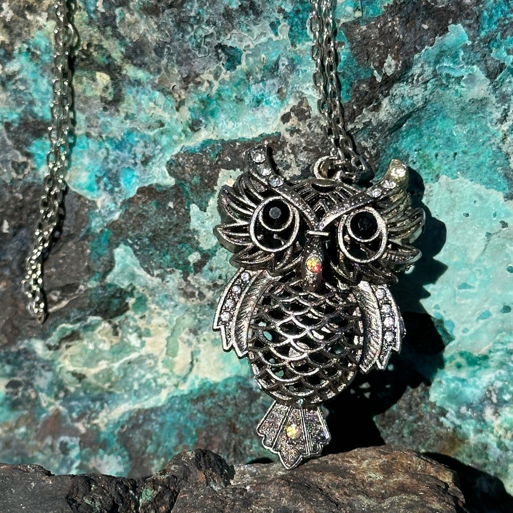 Owl Necklace Antiqued Metal Embellished with Rhinestones Long Chain Owl 3”